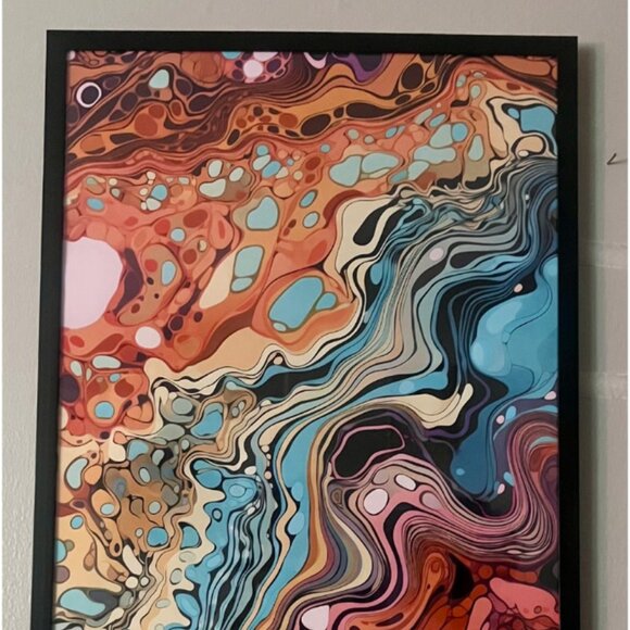 “Electric Flow” 16x20 Abstract Framed Wall Art – Psychedelic Swirl Coral & Teal
